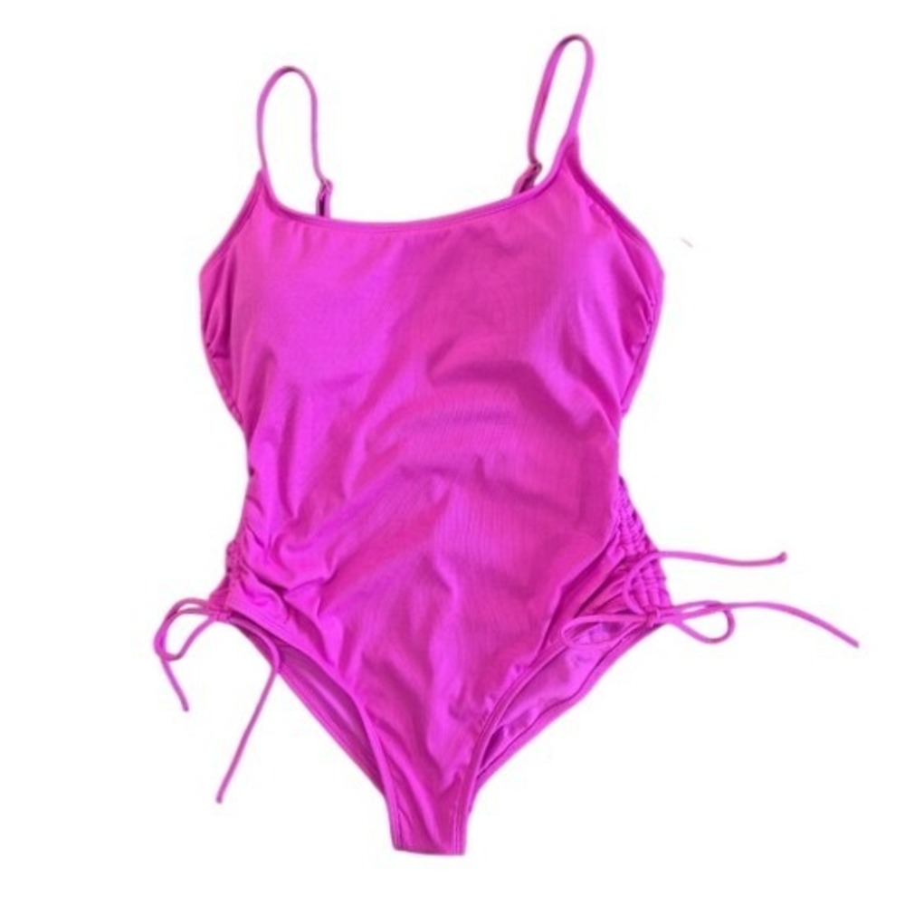 Shade & Shore Womens Pink Ribbed Cinched‎ Side One Piece Swimsuit Size L 12-14